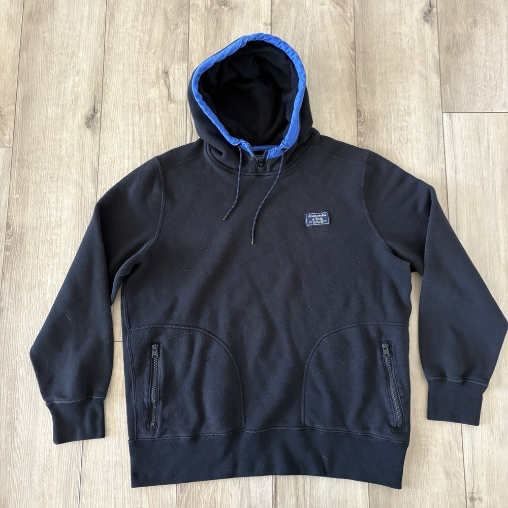 Abercrombie & Fitch Hoodie Mens XL Black‎ Pullover Zip Pockets Logo Blue